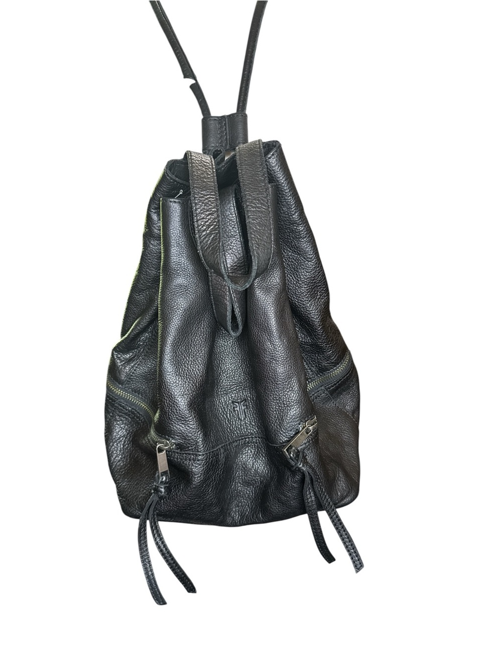 Frye Black Pebbled Leather Drawstring Backpack